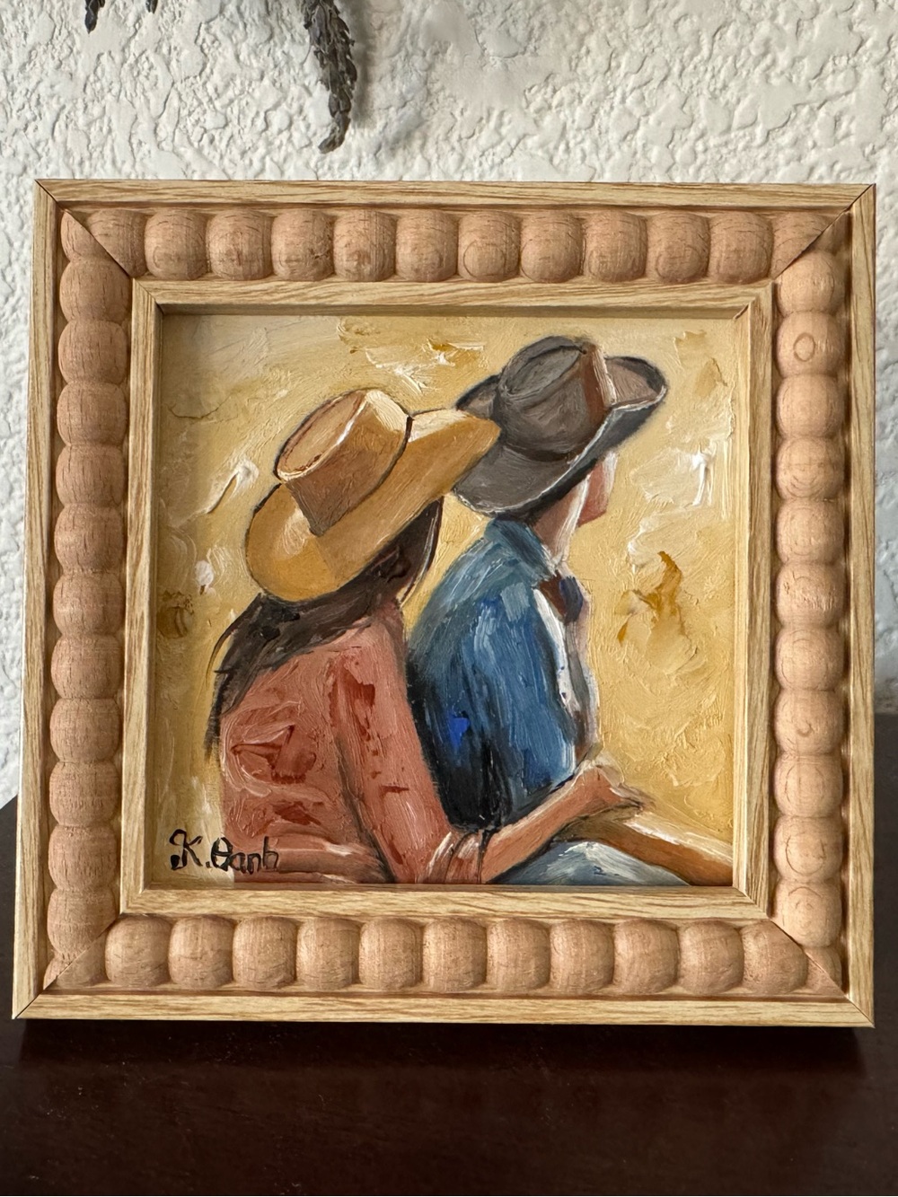 Original oil painting hand painted Cowboy couple signed framed 4x4 inches